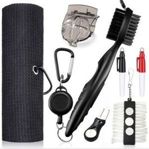 Golf Club Cleaning Kit Set - Navy BlueTowel, Club Brush, Divot Tool, Ball Marker
